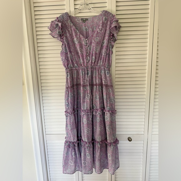 shade amour Dresses & Skirts - 100% cotton Shade Amour Lavender Floral Tiered Midi Dress Boho Flutter Sleeve M